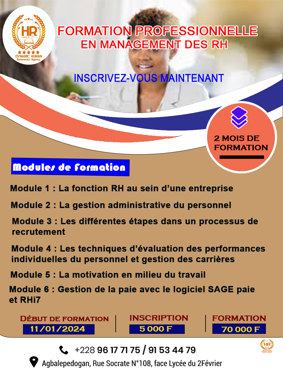 FORMATION PROFESSIONNELLE EN MANAGEMENT DES RESSOURCES HUMAINES (FPMRH) 1ere Edition 2024